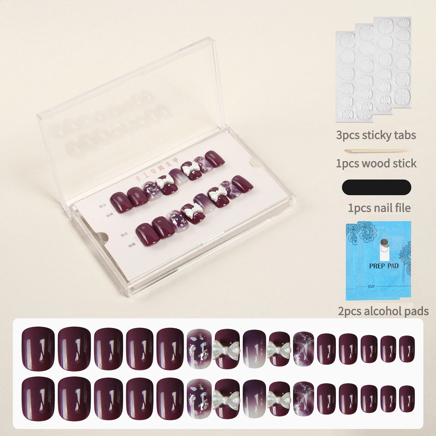 30PCS 3D Bow Decor Nail Handmade Fake Glitter Short Square Press On Nails Nails DIY Nail Kit