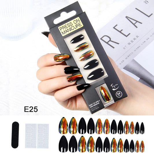 24PCS Glossy Mirror Texture Full Cover Artificial Fake Nails, Reusable Almond Solid Color Press On Nails for Women DIY Nails Art
