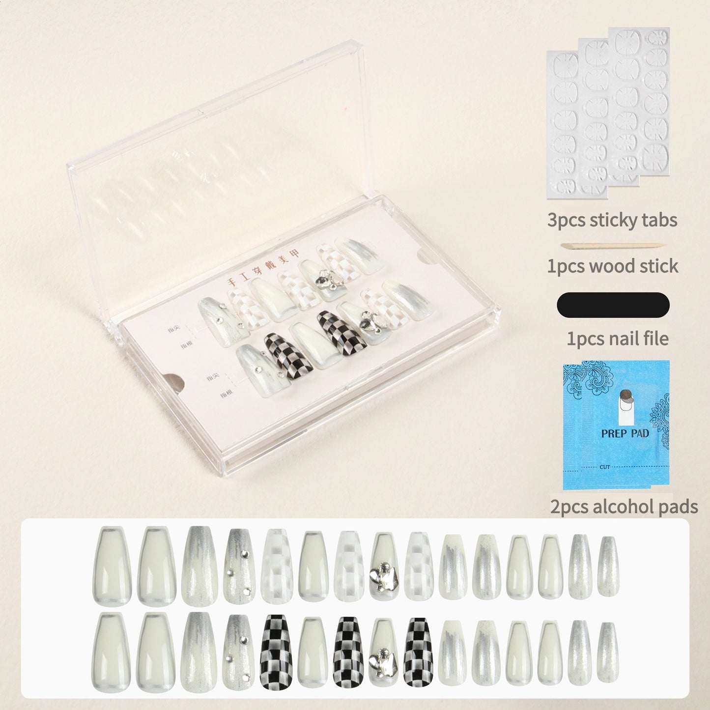 30PCS Handmade Ballerina Press on Nails Rhinestone Decor Checkerboard Pattern DIY Manicure Fake Nails for Women