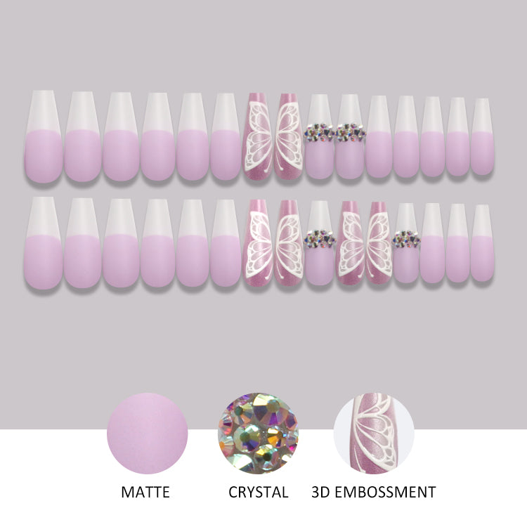 30PCS Rhinestone&Butterfly Pattern Fake Nails, Long Square Ballerina Press On Nails, Elegant Stick on Nails Kit for Women and Girls