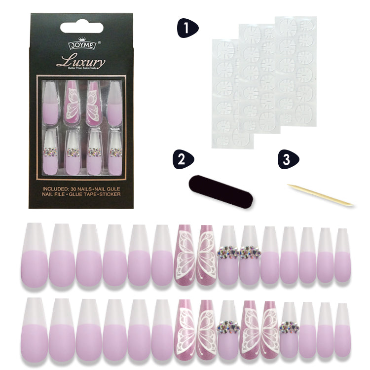 30PCS Rhinestone&Butterfly Pattern Fake Nails, Long Square Ballerina Press On Nails, Elegant Stick on Nails Kit for Women and Girls