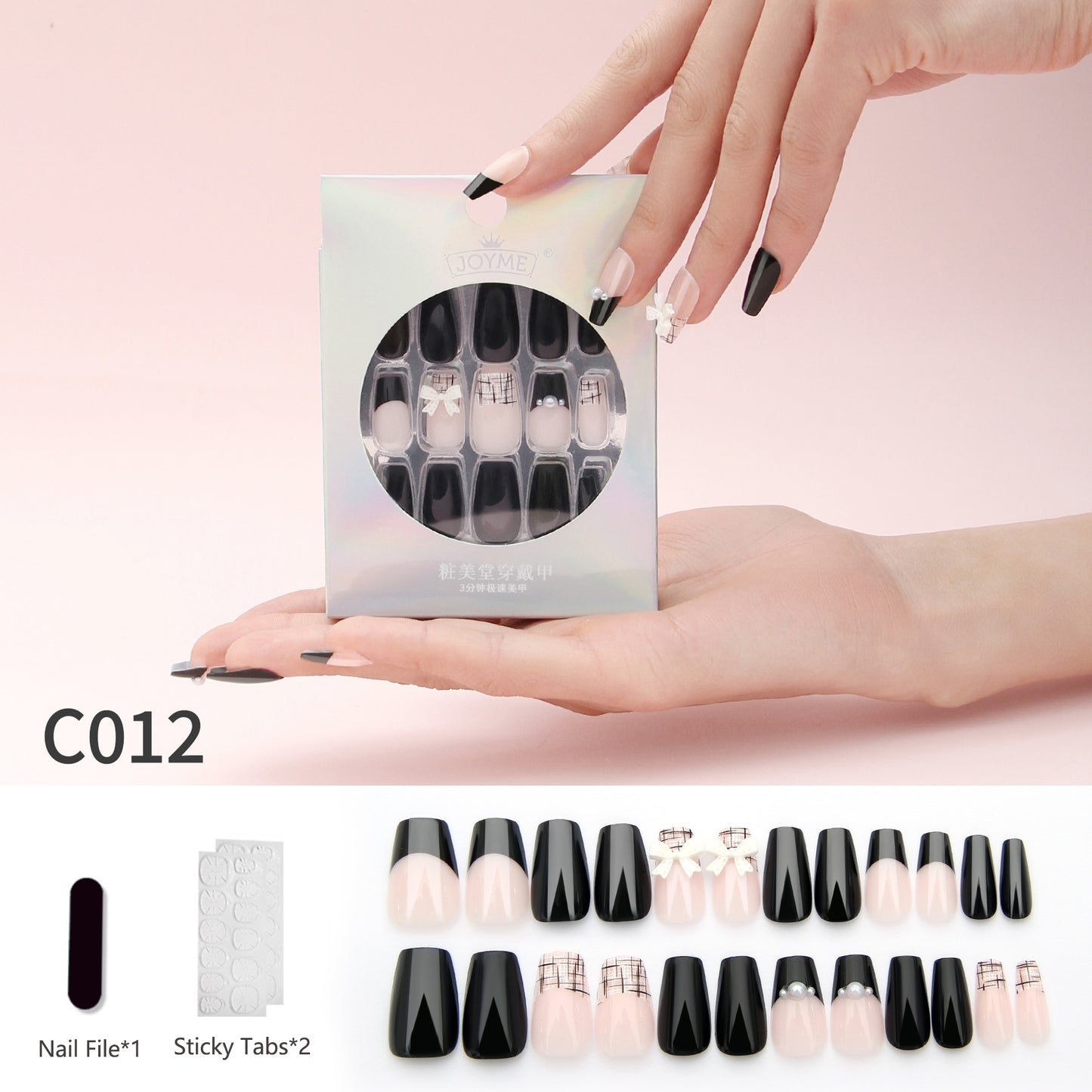 3D Bow&Pearl Decor Coffin Fake Nails,24 PCS French Style Short Glossy Ballerina with Black Lines Design for Women and Girls DIY Nail Art