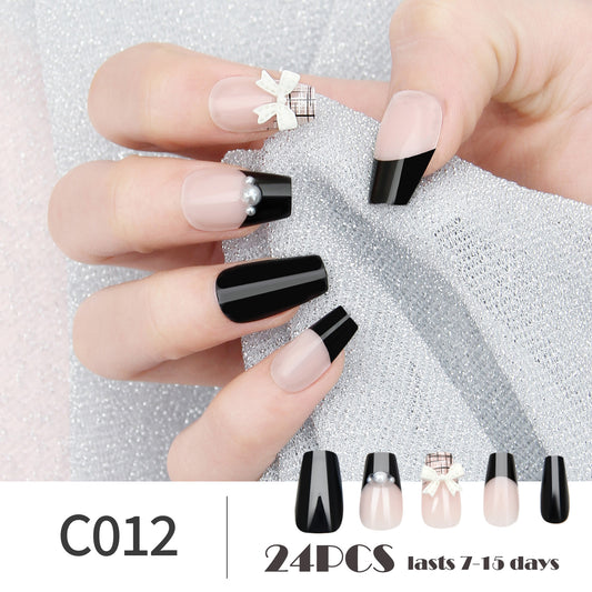 3D Bow&Pearl Decor Coffin Fake Nails,24 PCS French Style Short Glossy Ballerina with Black Lines Design for Women and Girls DIY Nail Art