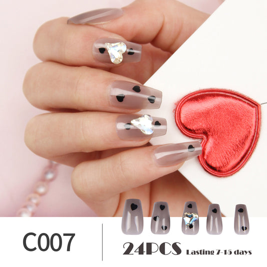 24PCS Heart Pattern&3D Rhinestone Decor Glossy Fake Nails with Stickers&Nail File, French Style Ballerina Press on Nails for Women&Girls