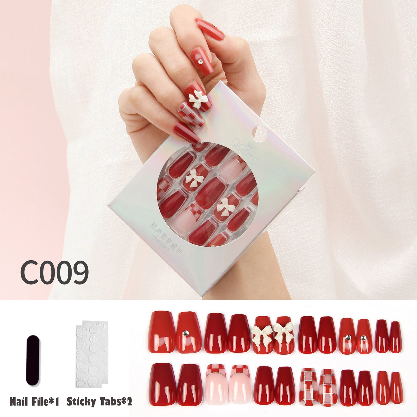 24PCS Checkerboard Heart Pattern Fake Nail, Short Coffin Red Tips Press on Nails for Women and Girls Nail DIY Art Manicure Decoration