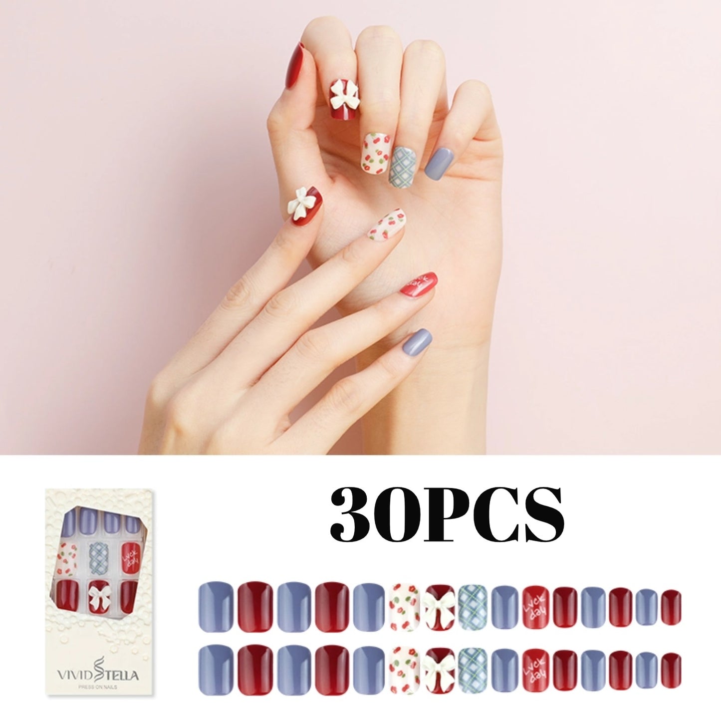 30PCS Handmade 3D Bow Decor&Fruit Pattern Press On Nails, Short Square Fake Nails for Women DIY Nail Art