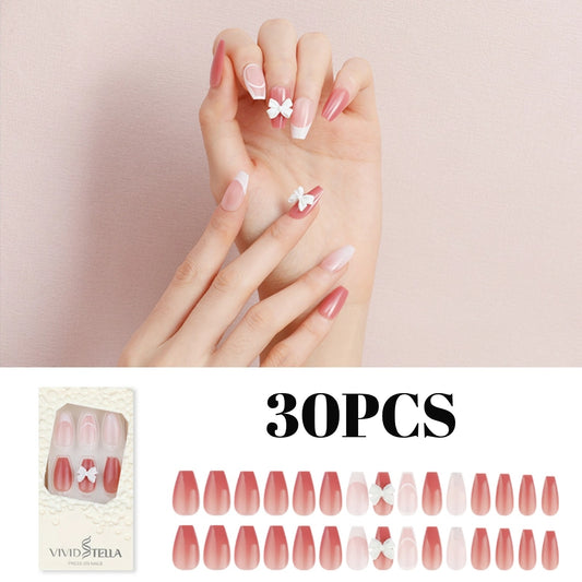 30PCS Fake Nails With Bow Design French Style, Handmade Middle Long Coffin Press On Nails for DIY Nail Art, Women Girls DIY Manicure