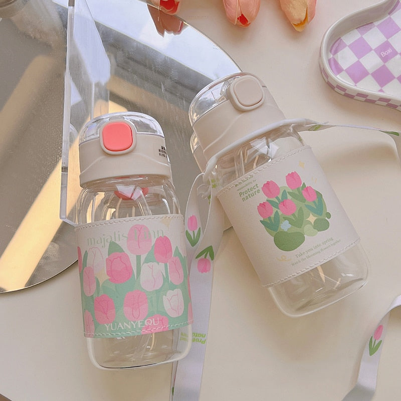 Kawaii Tulip Glass Water Bottle